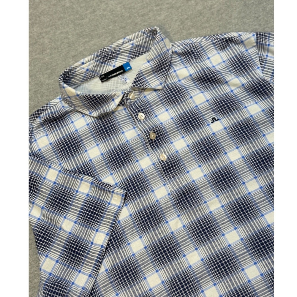 J.Lindeberg Mens XXL Blue White Plaid Cotton Short Sleeve Polo Shirt 12MG 56399